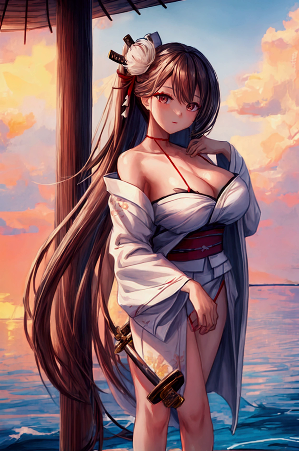 (((highest quality, High resolution, Like Japan cartoons))) , (Blizzard,snow scene),red eyes, 1 girl, alone, looking at the viewer, black hair, medium breasts, closed mouth, clavicle, broken kimono,white kimono, thighs,Two-dimensional beautiful girl,Japan anime beautiful girl