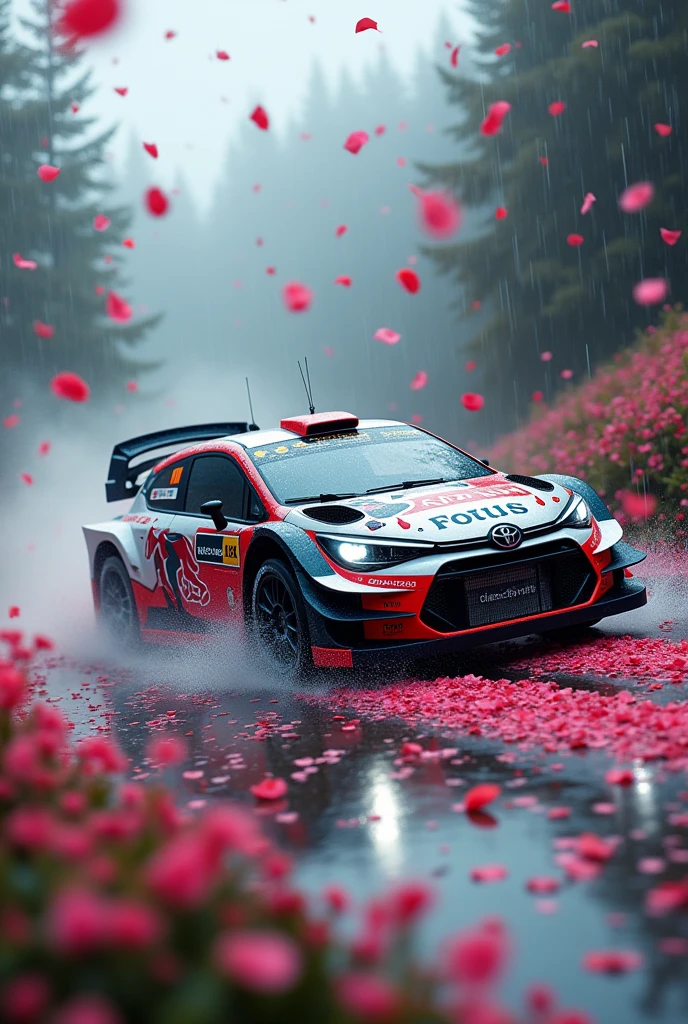 short rally car in the Rain of Petals, row of cherry trees with cherry blossoms in full bloom, side view