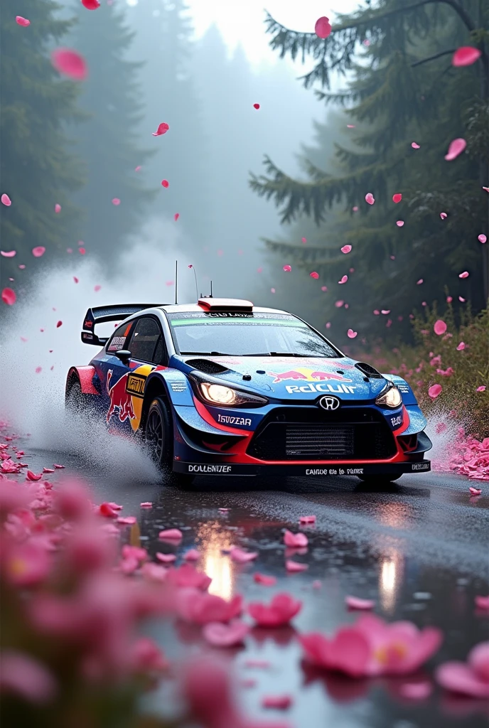 short rally car in the Rain of Petals, row of cherry trees with cherry blossoms in full bloom, side view