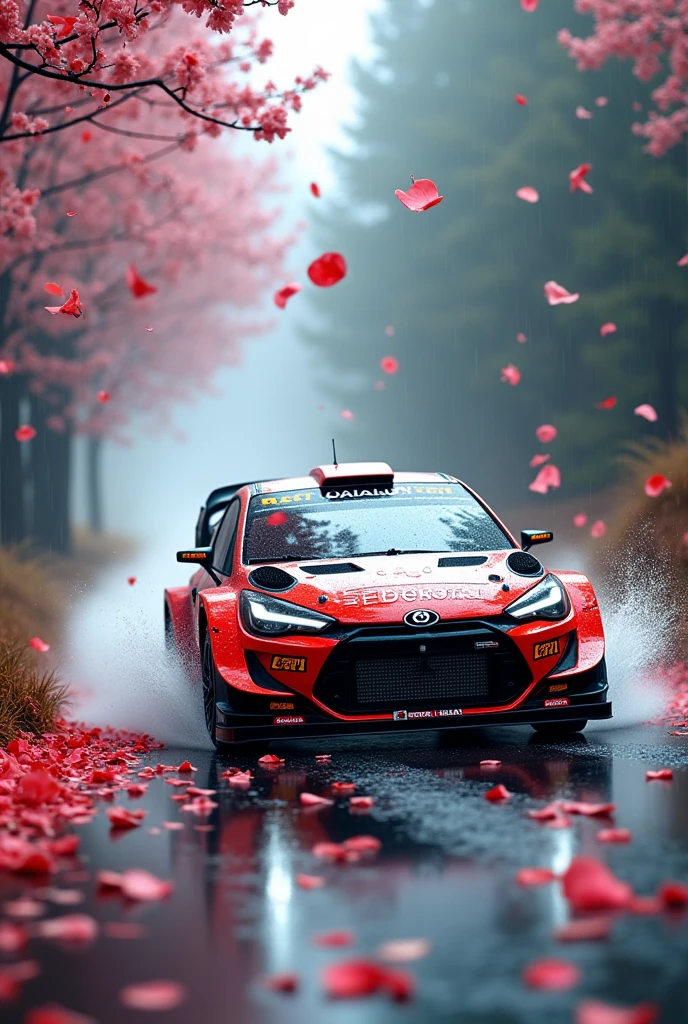 short rally car in the Rain of Petals, row of cherry trees with cherry blossoms in full bloom, side view