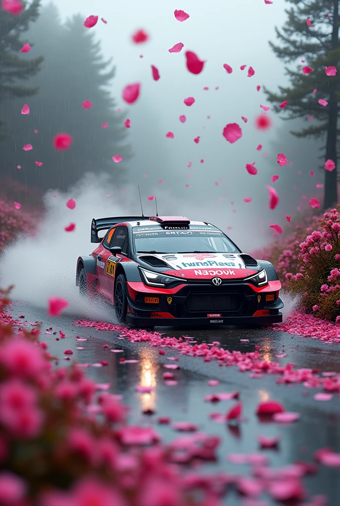 short rally car in the Rain of Petals, row of cherry trees with cherry blossoms in full bloom, side view