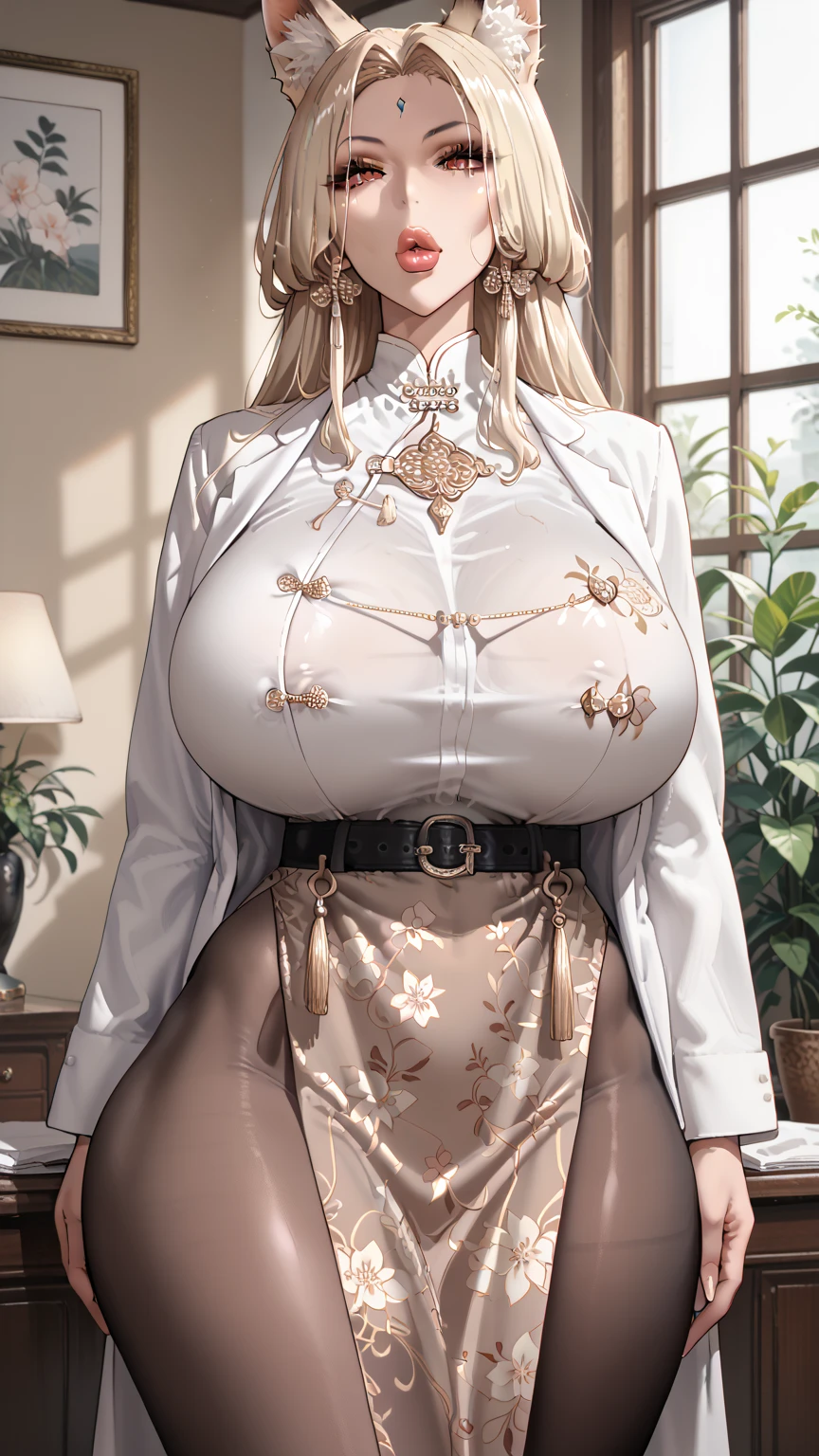  Japanese Anime,  Tag 2,   best quality ,   high quality,   detailed,   high resolution, 8K, 超 high resolution,  soft saturation , Professional quality , Perfect contrast, perfect lighting,   anatomically correct  ,   huge breasts , Wide hips,   huge ass  ,  sensual woman ,  Mature Women , maternal,  Full, Full的嘴唇, Thick lips,    showcases your career ，belt，fellatrix style，feixiao-hsr ，animal ears, animal ear fluff, long hair, forehead mark,fox ears，white qipao， black pantyhose，Standing， front view