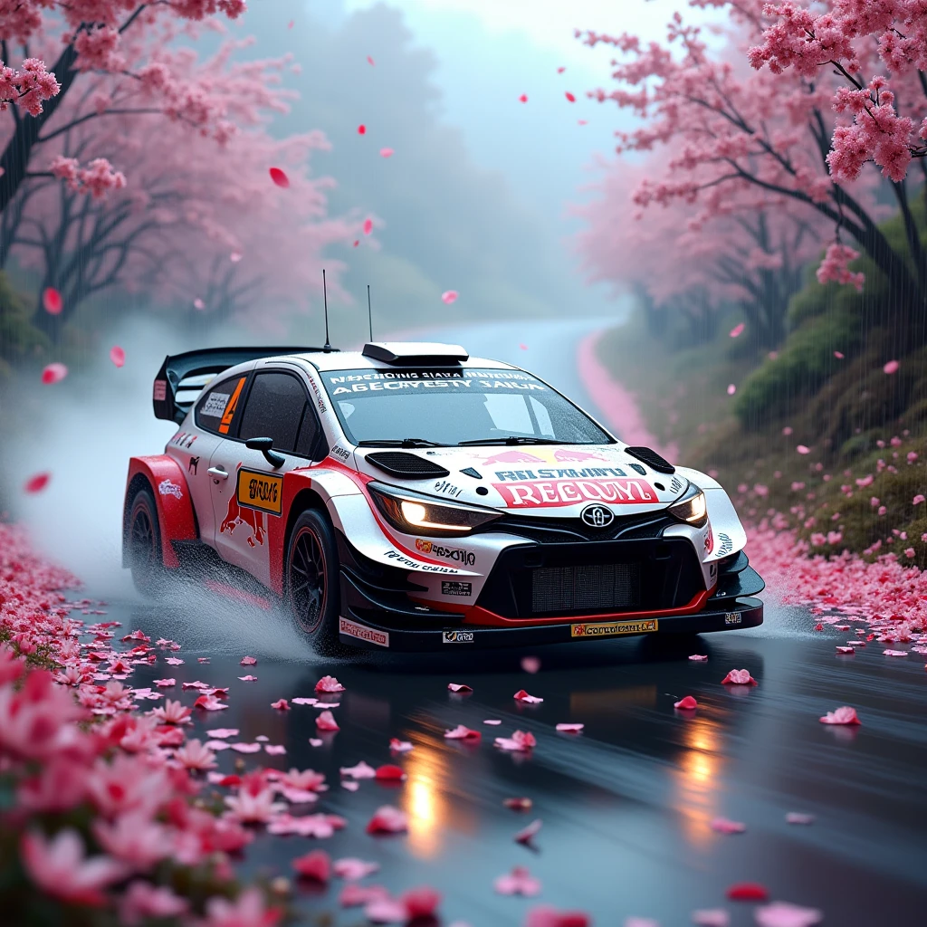 short rally car in the Rain of Petals, row of cherry trees with cherry blossoms in full bloom, side view