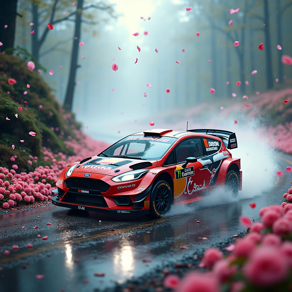 short rally car in the Rain of Petals, row of cherry trees with cherry blossoms in full bloom, side view