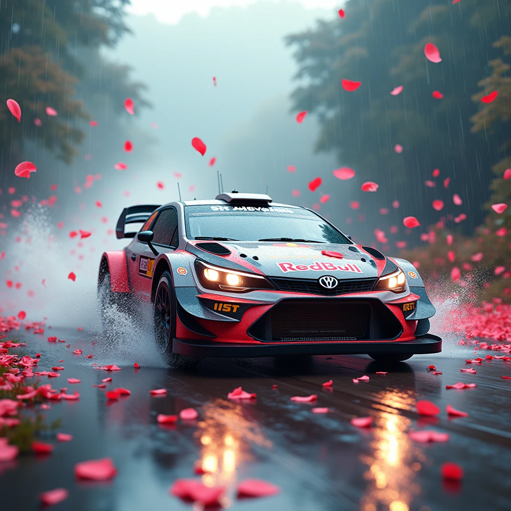 short rally car in the Rain of Petals, row of cherry trees with cherry blossoms in full bloom, side view