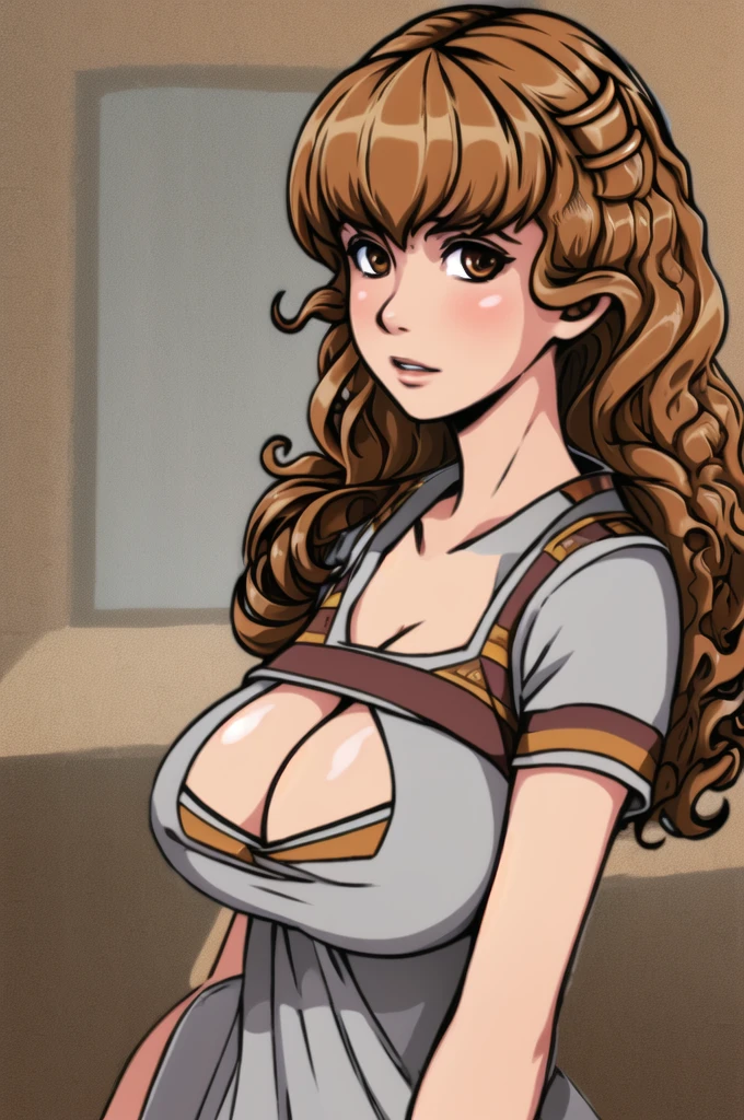 (masterpiece), (highly detailed), (1girl, HermioneAkabur, brown hair, hair clip,) (portrait,) giant breasts and cleavage, penis between breasts