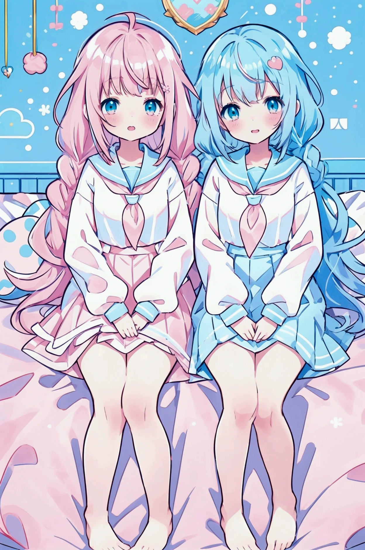   super detailed,   Highly Detailed CG, masterpiece,  High Quality , 4K,  high definition ,, Anime Style Illustrations , cute, twin girls,About junior high school age,White Sailor Suit, Long Sleeve , Clear Skin,barefoot, long hair, cute部屋, White Stylish Beds ,Pastel Pink Sheets ,Heart shaped pillow,Wariza on bed ,pastel blue curtains,pale,,Girl 1:  braids ,  pastel pink hair , pink eyes, Pastel Pink Skirts ,,Girl 2: pastel blue hair ,  ponytails bleeding from the vagina,  hair hanging over shoulders , pastel blue skirt , Pastel blue eyes.