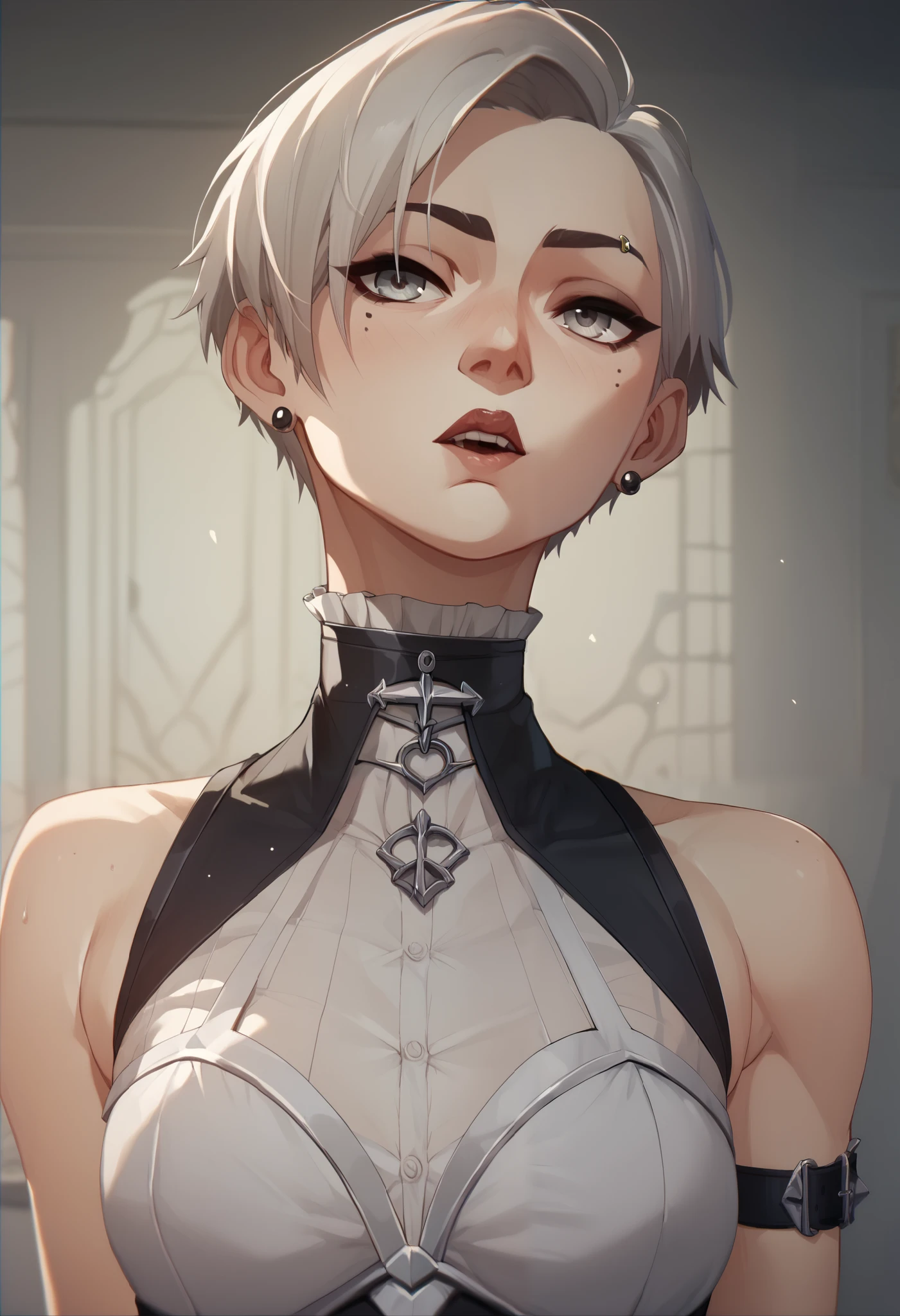 Light-skinned girl with a gray eye  ,  with long beige short hair and gothic dress