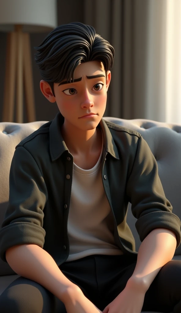 A boy sitt on chair with sadness 