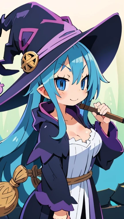 (pygmy、 smaller)、(Classic witch:1.5)、( bright blue hair、 don't tie your hair、 Very Long Hair )、Light blue eyes、Baby Face、smug face、blush、Big Breasts、Plump、( with little exposure :1.5)、 cleavage visible、Open collar、hat、large hooded robe、Pants with thick hem、Frills、long wooden cane 