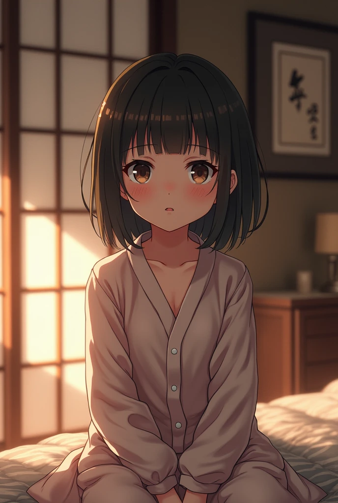 highest quality、In 8K、masterpiece、nffsw、超A high resolution、RAW photo、(Photoreal:1.3)、natural soft light、(Depth of the bounds written)、Slender、(whole body:1.2)、detailed face and eyes、real students、sharp pupils、(A view of the art room、painting)、(sit on top、stand on one knee、put your face on your lap)、(The painter paints a picture using her as a model.)、sunset、beautiful face、16 year old beautiful girl、A girl who looks like a Japanese doll、shiny skin、bob cut、beautiful black hair、dull bangs、red eyes、(embarrassed look:1.3)、(soft expression、slight smile:1.1)、(thighs thighs thighs:0.8)、(looking out the window)、(Wearing a light bathrobe、full nude、Drawing Model Pose:1.2)、