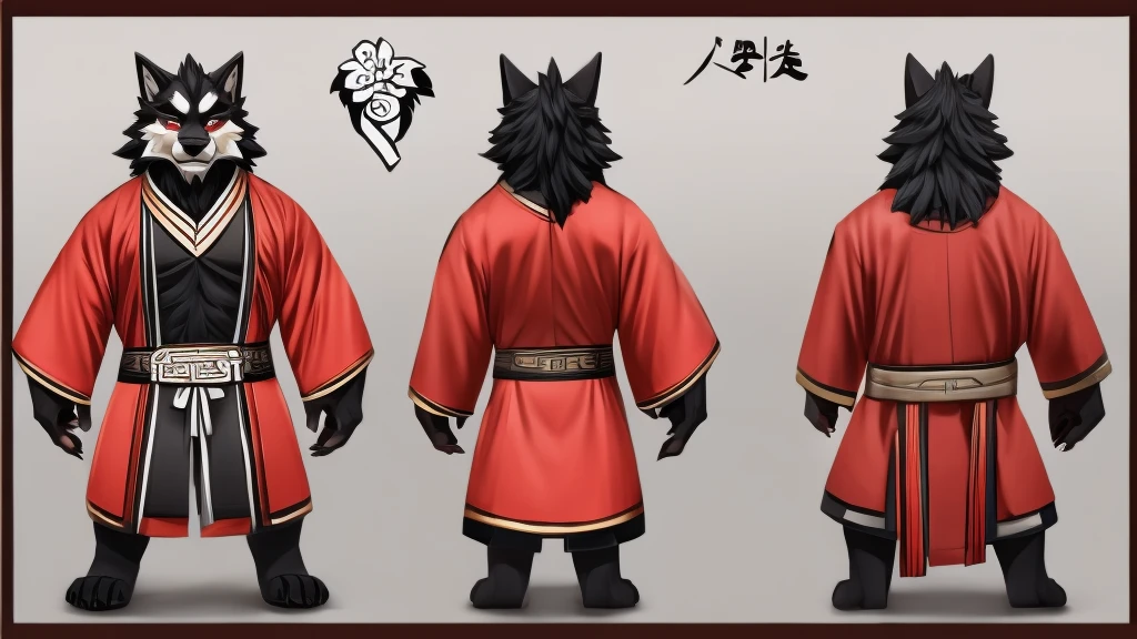  no background、Chinese style cute werewolf character model sheet、 depicting the same character from 3 angles,