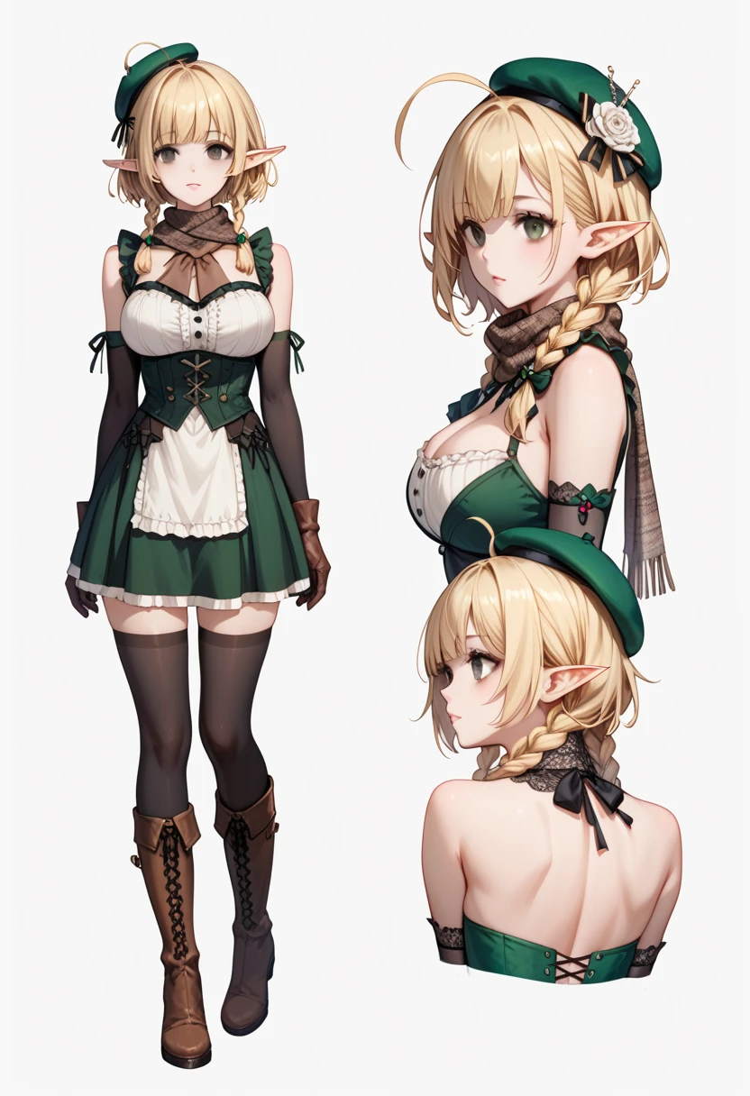 Blond girl with green eyes, Character table, Upper body views from different angles in big bust crop top young 1933s European style