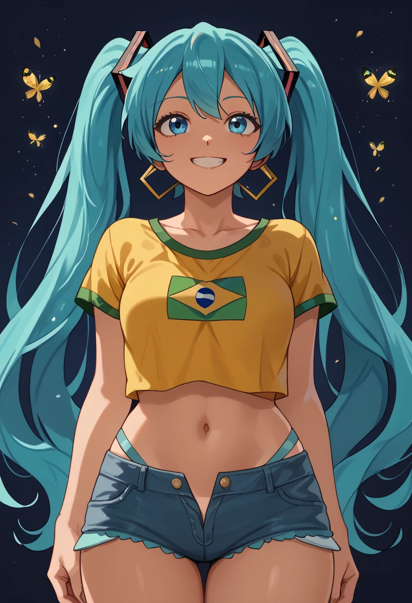 face focus, masterpiece, best quality, 1girl, hatsune miku, brazilian hatsune miku, tanned hatsune mike in anime style, suggestive face, hentai face, nude sime, white roses, night background, fireflies, light particle, solo, navy blue hair with double ponytails, navy blue eyes, standing, pixiv, best lighting, looking up, short jeans, short yellow top, smile