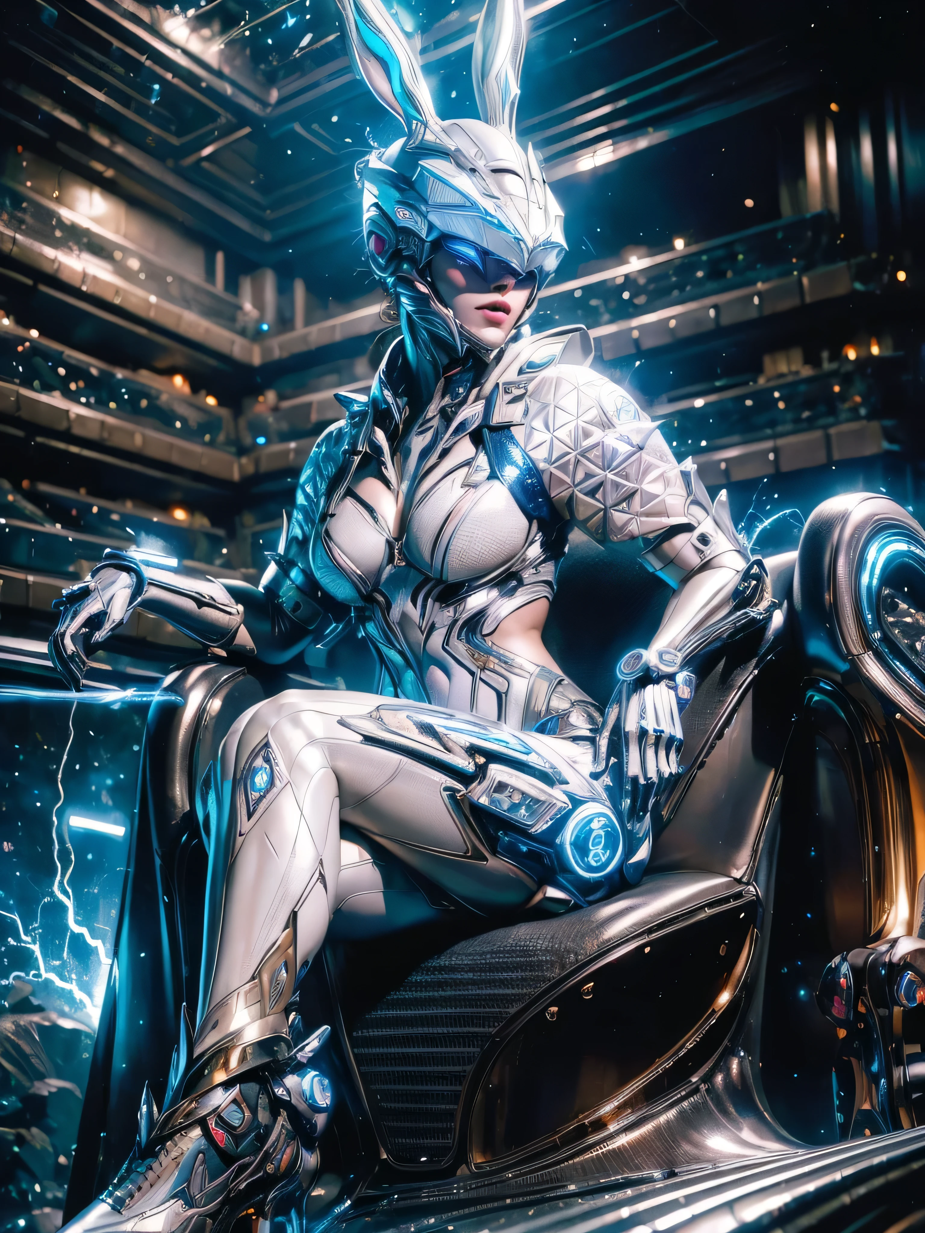 ((Masterpiece)), (high resolution:1.4),(bunny from the First Decendant) looking at viewer, (futuristic environment:1.5), beautiful face revealed, highly detailed skin, skin pores, (highly detailed face:1.1), (highly detailed eyes:1.1), realistic pupils, full face blush, full lips, (perfect anatomy:1.1), (perfect proportions:1.1), (photography:1.1), (photorealistic:1.1), volumetric lighting, dynamic lighting, real shadows, (highres:1.1), sharp focus, (realistic, hyperrealistic:1.4), intricate, high detail, dramatic, subsurface scattering, big depth of field, vivid, polished, sharpened, ((full Sharp)), (extremely absurdres),16k hdr, (angled lighting:1) (slim legs:1) (electricity lightning flowing from body:1) (closeup:1), leaning forwards, gold visor, silver metal helmet, makeup face:1, korean, (Electricity particles in the background:1.5), (lightning:1), (electricity effects:1) (raised butt:1.2) (sitting cross legs:1.2)