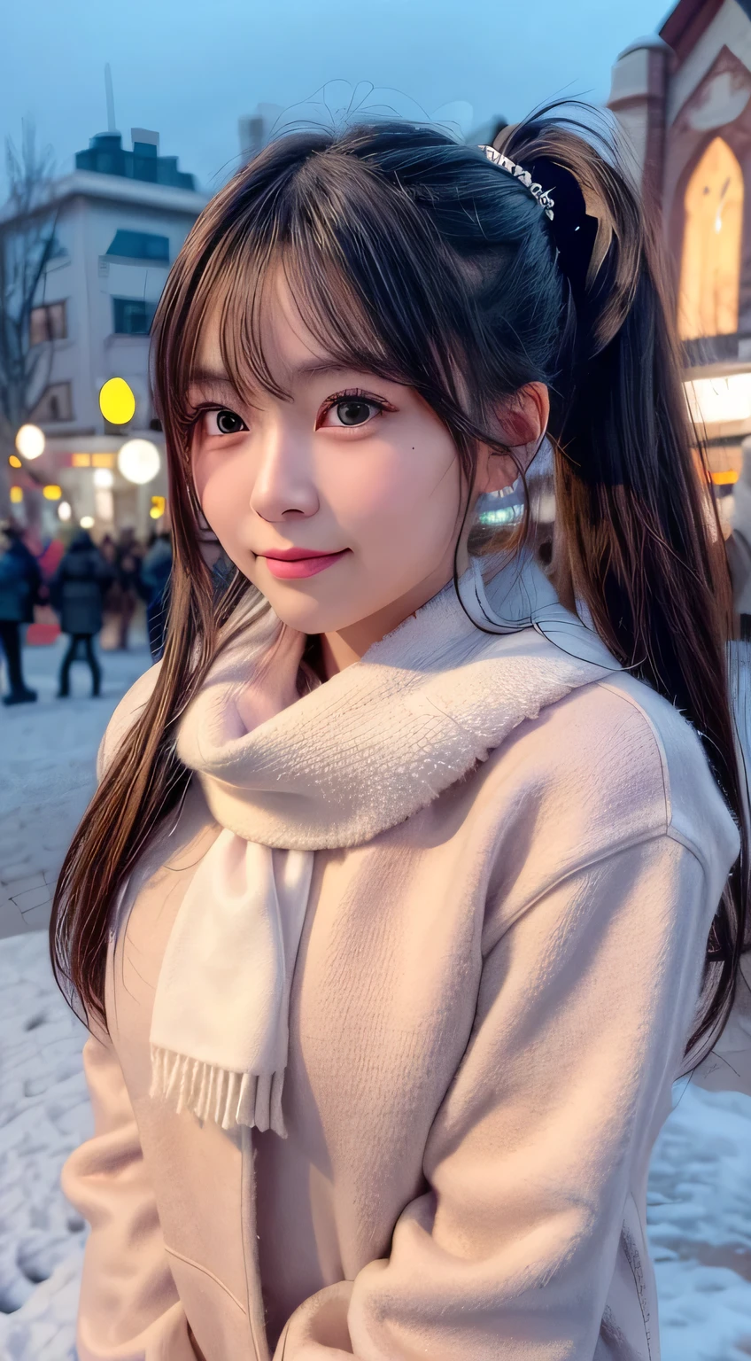 blush,Long hair ponytail,A big ribbon in her hair,(8k, RAW Photos, highest quality, Pieces fly:1.2), (reality, Realistic:1.4), (Highly detailed 8k wallpaper),  Sharp focus, Depth of written border, Cinema Lighting, Soft Light, Detailed beauty eyes,Shiny and smooth light brown ponytail, Asymmetrical bangs, Shiny skin, Highly detailed skin ,High resolution, Attention to detail, Detailed hairstyle, Detailed beautiful face, Hyper Real, Perfect limbs, Perfect ??????? ,1 Japanese girl,Famous Japanese Idols, Perfect female body,A shy smile,short eyelashes,double eyelid,Look straight here,Hairstyle: Ponytail,Attach a ribbon, office,Long ponytail hairstyles,Wear a scrunchie,Wearing a long coat,Street,Stand up straight and pose,The whole body becomes visible,winter,Warm clothes,look straight at me,Wear a scarf,It&#39;s snowing,Wear a black long-sleeved coat,European cityscape,Cobblestone Street,A European church can be seen in the background.,in front of a church in europe,Dusk time,The lights are shining