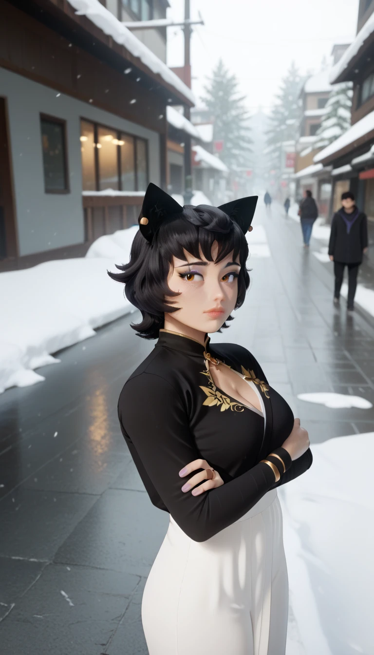 mature female,
kali belladonna, large breast,
snowy street,
nyong_nyong,
from above, from side
standing with arms crossed,
cold