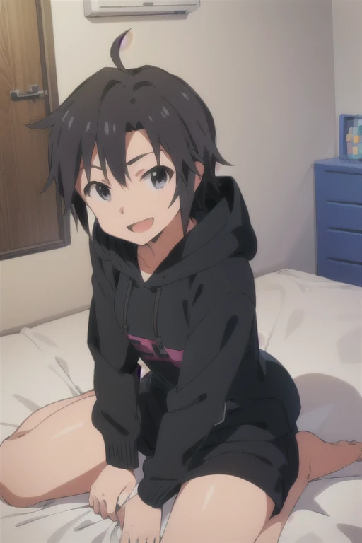 (((pixel-perfect, detail-perfect))), solo, 1girl, makoto kikuchi, hood, black hoodie, looking at viewer, smile, grin, sad eyebrows, bedroom, (girl rides on top of guy perfectly:1.3), (girl having sex:1.9)