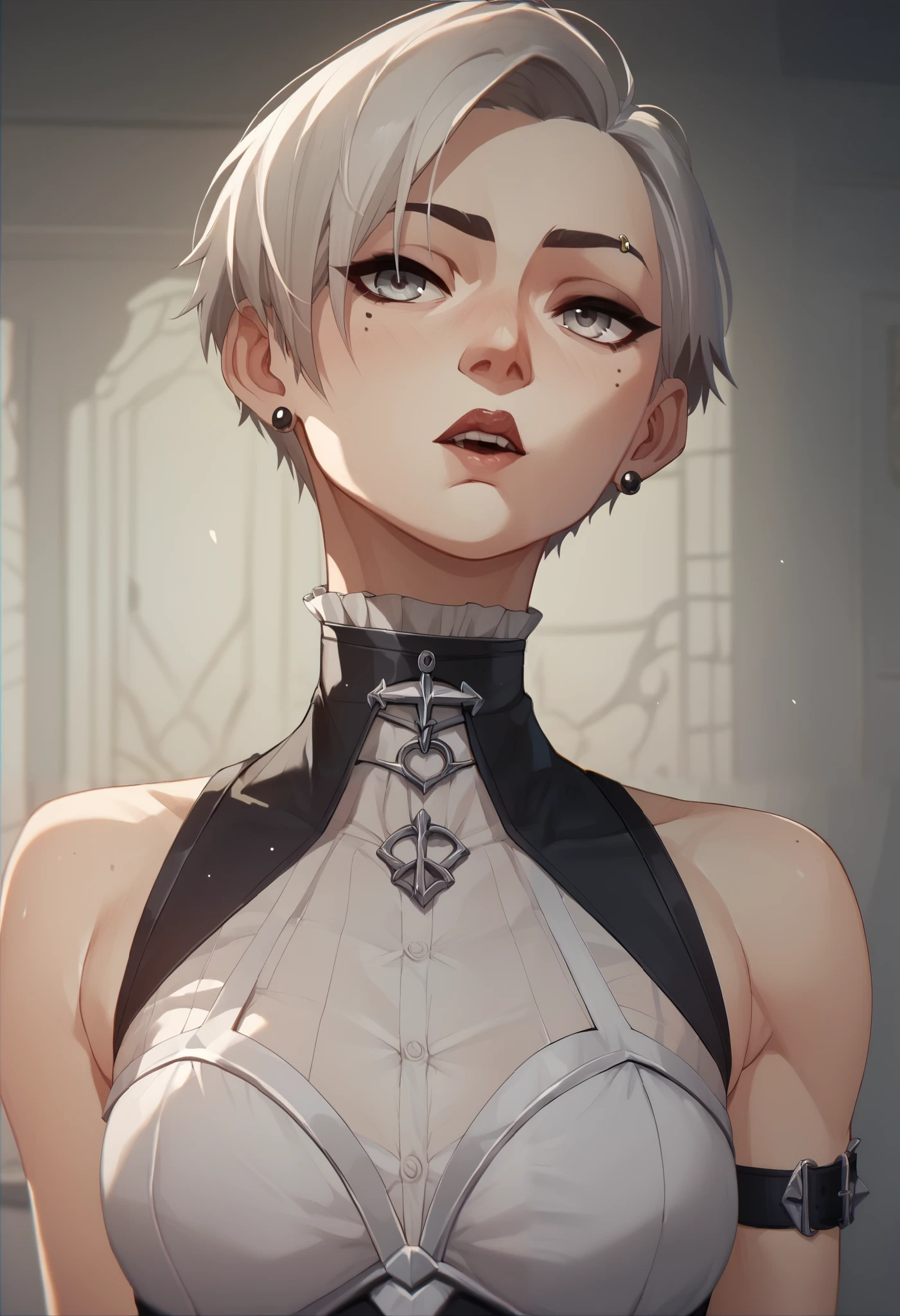 Light-skinned girl with a gray eye  ,  with long beige short hair and gothic dress