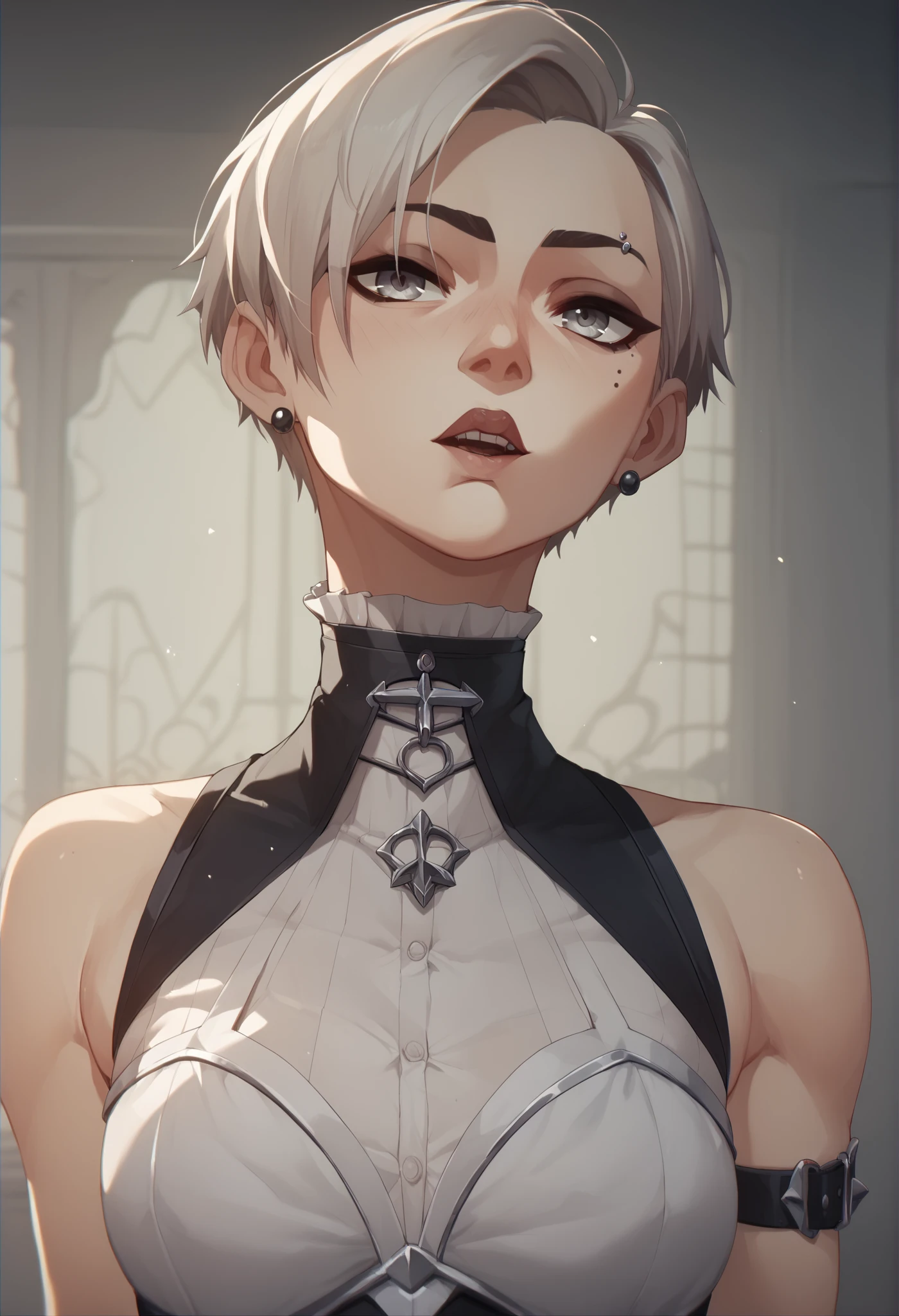 Light-skinned girl with a gray eye  ,  with long beige short hair and gothic dress