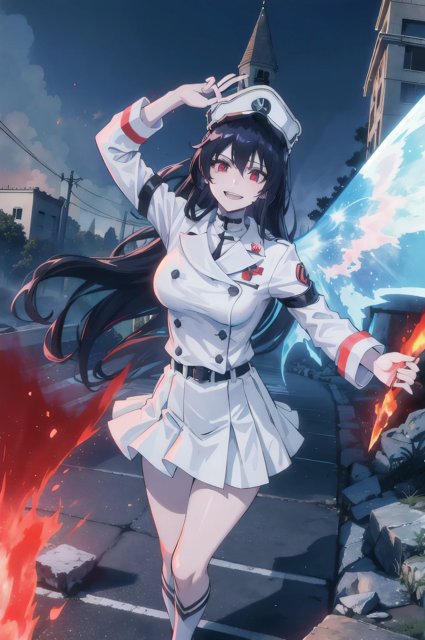 Masterpiece, top quality, ruined city and fire in the background, white Nazi SS Militari, 4K manga wallpaper, BLEACH, Exterminator, Shalltear Bloodfallen, badass anime 8K, gapmoe yandere, yandere, albedo of anime overlord, creepy grin, crazy laugh, fished out laughter at the corners of the mouth, long black hair, white miniskirt, white long-sleeved military uniform