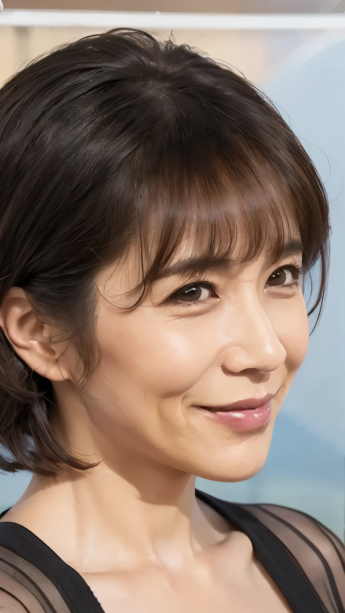 (( best quality)), ((8k)), ((masterpiece: 1.3)), (  perfect appearance ), ( transparent : 1.6), (), (J), ( studying one Japanese mature ),    Perfect Anatomy  , ((50 years old)),  Short bangs ,  short curly bob hair, (gentle smile expression ), ((Close-up side view)),