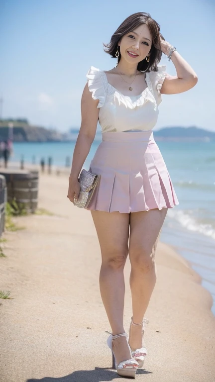 full body shot, from below,  japanese mature, 65 years old,  detailed face , Facial wrinkles, smile,  detailed skin texture ,  white skin,  long hair , (curvy body:1.3), (earrings,  Necklaces ,  white blouse with ruffles: 1.2), (pink pleated micro mini skirt:1.2), ( wearing high heels :1.2), ( full body shot from toe to head wearing black high heels, Walking along the seaside:1.2), ( surrealism, best quality, ultra detailed, absolutely resolution, 8k, anatomically correct), depth of field, looking at viewer, tachi-e, (gal.safetensors),  natural light, full body, (kz),  detailed face 