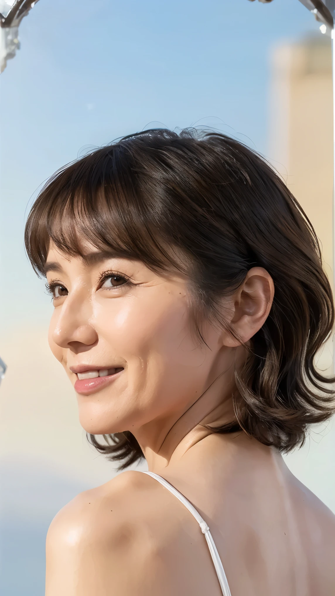 (( best quality)), ((8k)), ((masterpiece: 1.3)), (  perfect appearance ), ( transparent : 1.6), (), (J), ( studying one Japanese mature ),    Perfect Anatomy  , ((50 years old)),  Short bangs , Curled short bob hair , (A gentle smile), ((Close-up side view)),