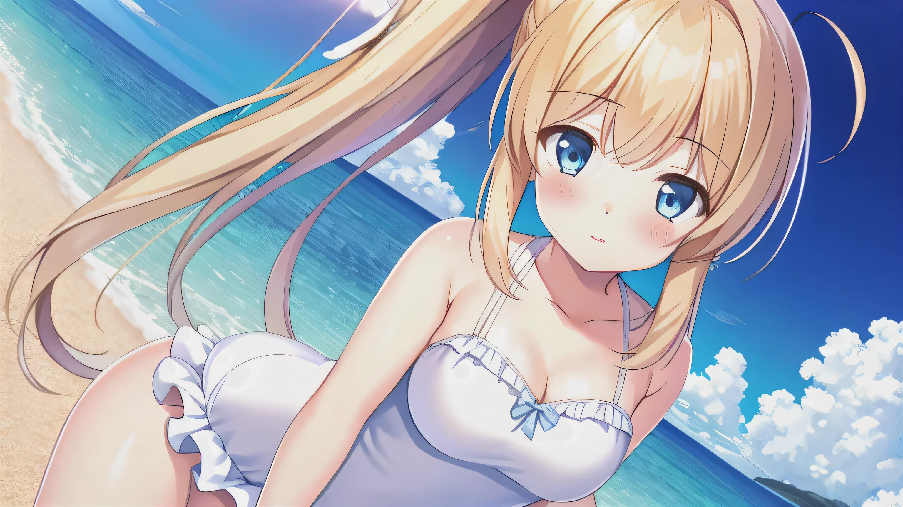 masterpiece,  best quality,  high definition , Game CG,  1 girl, ,Ponytail, blue eyes, watching viewers ,Ponytail, blue eyes ,  with bangs,Blonde,Droopy eyes,Align your bangs,I'm watching , bangs, upper body,Ahoge,One person.alone,sea, sandy beach, beach ,White frills, white swimsuit , dress