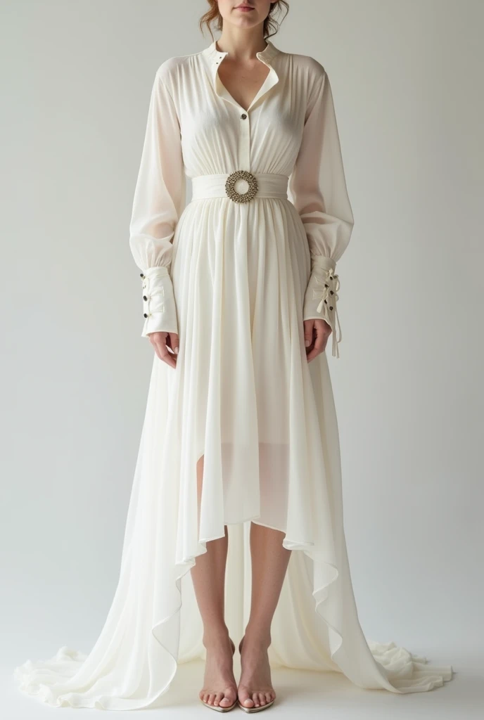 A white dress in cold lycra fabric ,Pleated petticoat 4 cm below the knee, with buttons down the front from the neck to the hem, Polo collar in lace fabric and long sleeves in lace fabric, that is elegant and modern, for an elderly lady 
