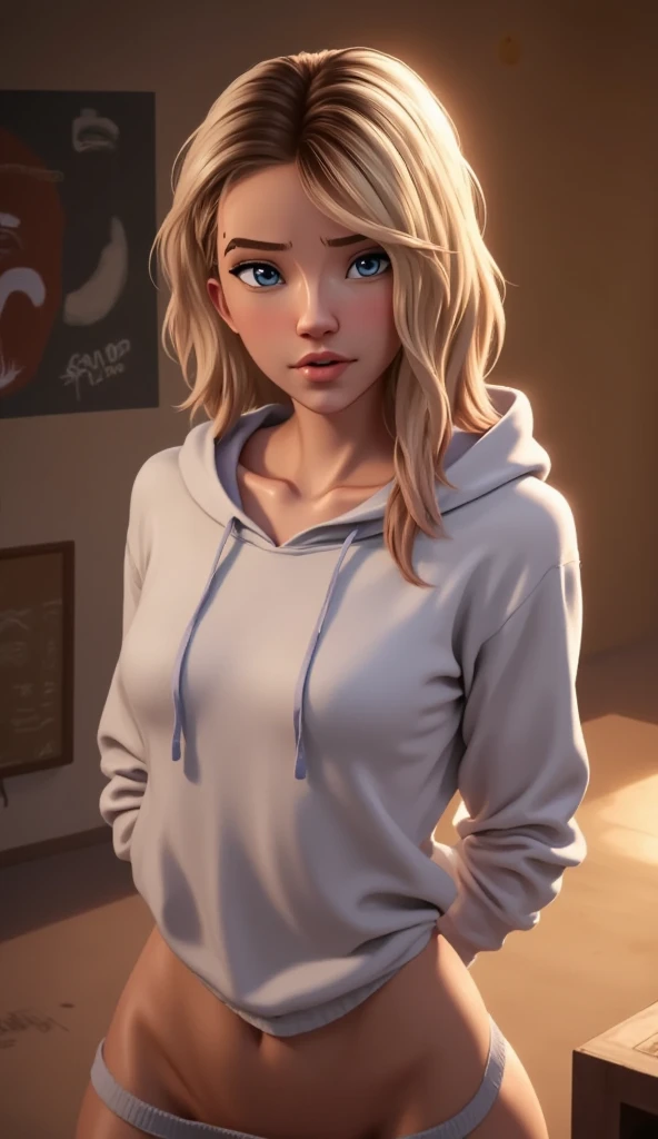 (Best Quality, Masterpiece)18 years old, Contempt, blue eyes, looking at viewer, warm light, standing, medium breasts, smirk, sexy, hoodie only, hair sticking out of hoodie 