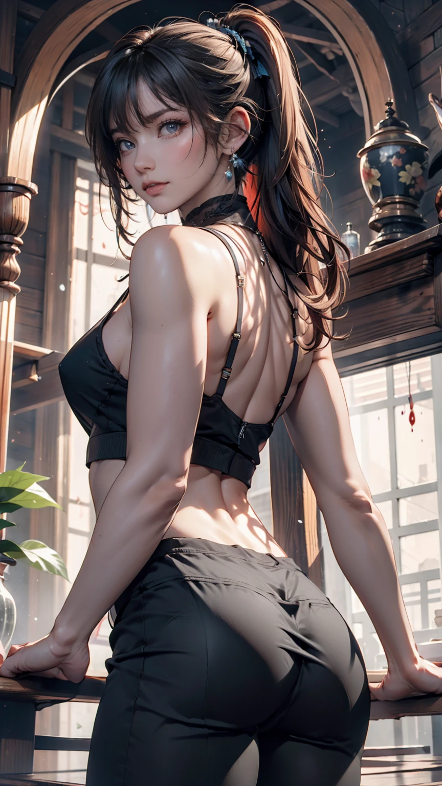 ((masterpiece, highest quality, Highest image quality, High resolution, Photorealistic, raw photo, 8k)), Retro Game, nintendo, SEGA, Namco, CAPCOM, rear view, big , transparent parlor, blade pose, gold eyes, afro braided brown hair, beautiful latin girl,