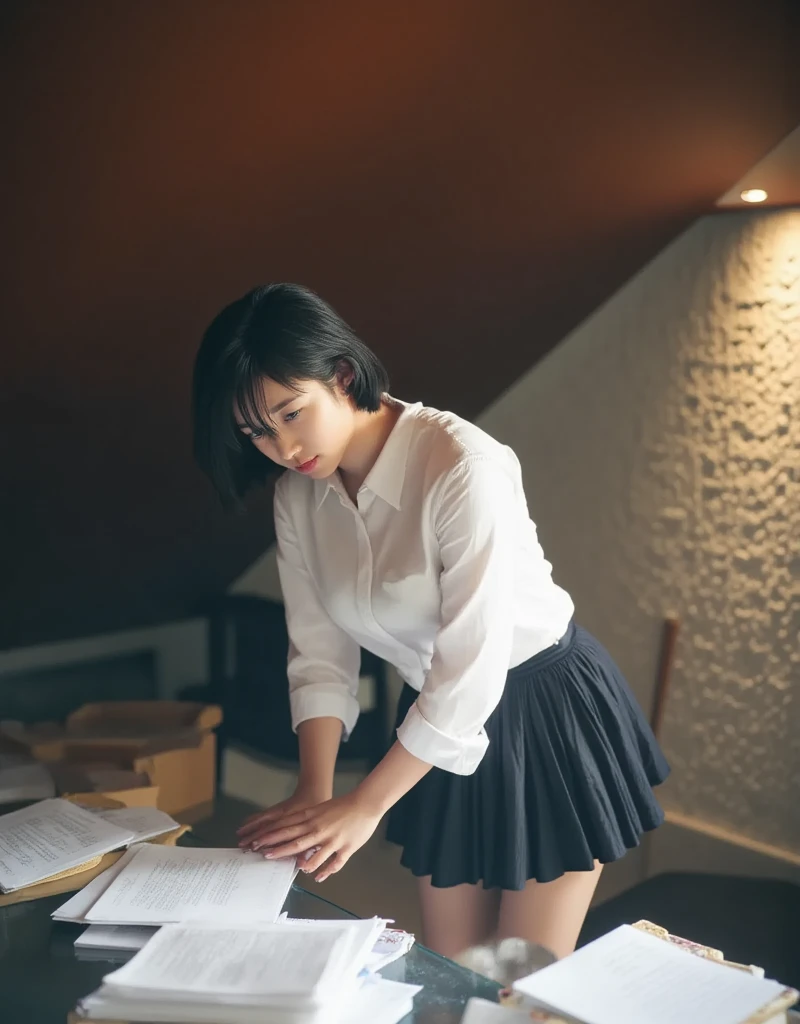 A delicate and detailed masterpiece photograph taken in a photo studio, with a slim waist, a small face, long, slender limbs, (very large breasts: 1.6), a seductive image, calm, untouched beauty, transparency, vivid, detailed face, seductive expression, realistic, a 25-year-old woman wearing a white shirt and a very short black skirt, with long wavy hair hanging down to one side of her face, she is standing in front of a large glass desk in an office in Chicago, with her hands on the large desk and leaning forward, emphasizing her cleavage and gazing at the viewer with a seductive expression, (with her hands on the large desk and leaning forward, her cleavage is clearly visible through the sagging shirt: 1.8), (white shirt, very short black skirt, leaning forward with hands on desk: 1.8), there are some documents on the desk, (a dramatic masterpiece that makes the viewer imagine that he is facing a woman: 1.8)