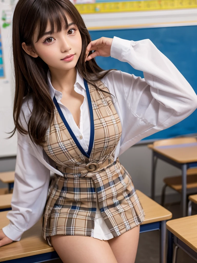 (ung girl), kawaii, (highly detailed Beautiful face), Amazing face and eyes, (backwards:1.5), looking back, (Best Quality:1.4), (Ultra-detailed), (extremely detailed CG unified 8k wallpaper), Highly detailed, High-definition raw color photos, Professional Photography, Realistic portrait, (hi-school uniform, pleated mini skirt:1.3), twintails, brown hair, model,  depth of fields, School, classroom, (view from below:1.3),