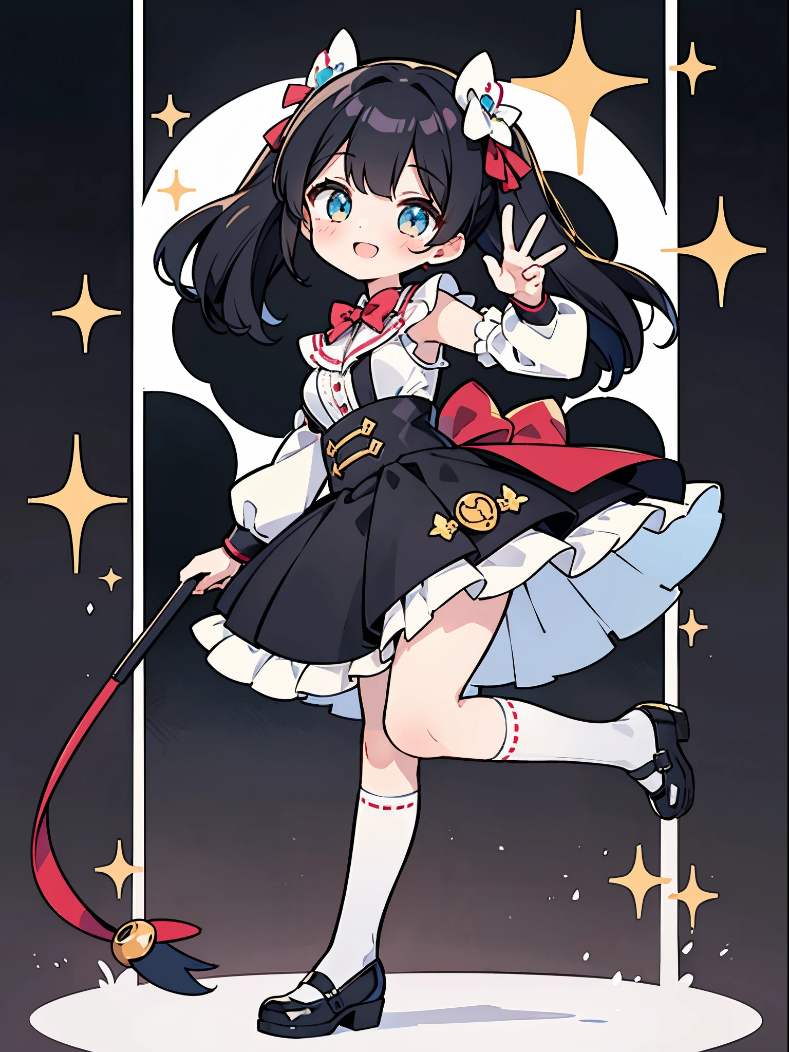 girl, ((change)), Medium Hair , (( small breasts)), short skirt , black hair、 half twin tails, Cute, white kneehighs, Cheerful smile, LOOK AT THE VIEWERS , Uwaba kitting ), whole body、Sparkling idol costumes、microphone、 posing、I'm wearing a piece on the side of my face