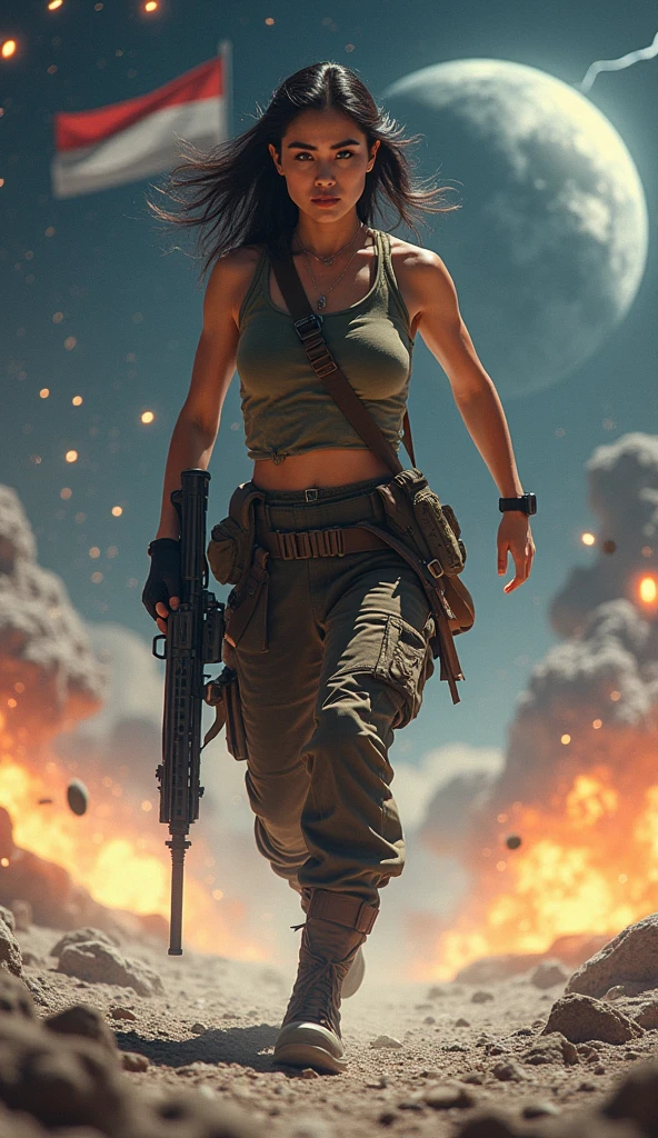 masterpiece,best quality,camo army pants,black boots,brown Long Sleeve Crop Top,medium breasts,black pixie hair with ponytail,hands on waist,brown gloves,torn clothing,beautiful woman,slim waist,strong arms,war ruin background,sunshine,godrays,clouds,ruined city,tired,ruined tall buildings smoke,ruined towers,direct sunlight,dusk