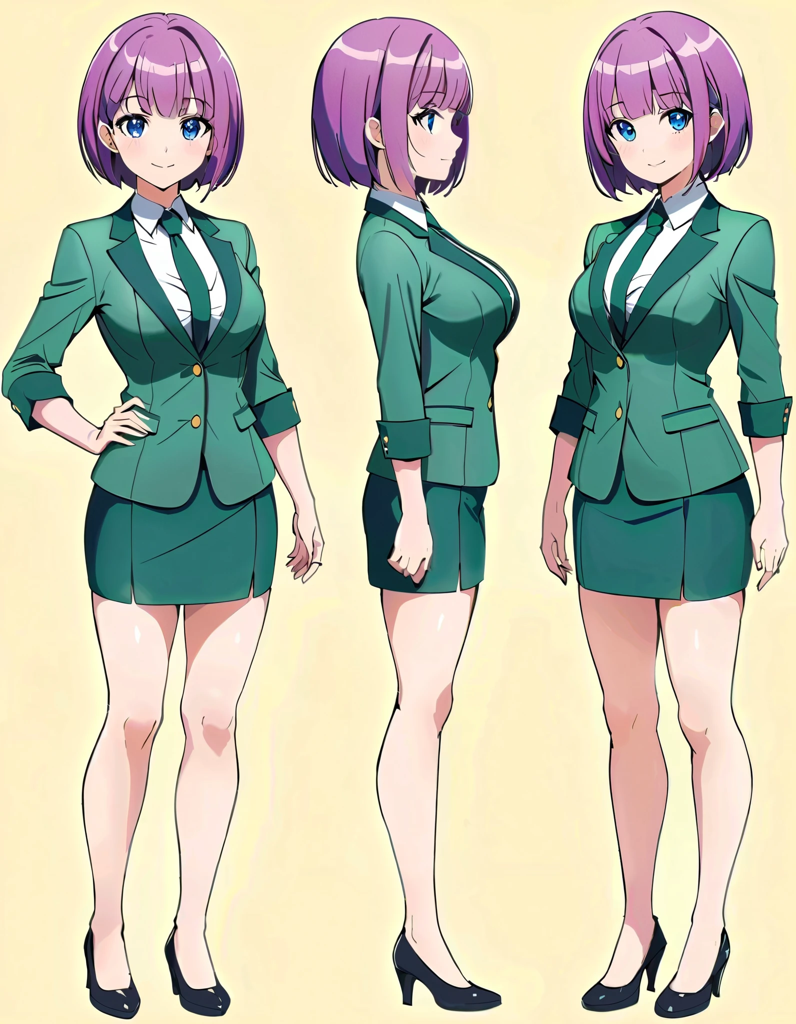 (masterpiece), (best quality), (highres), 1girl, solo, highly detailed, green suit and tie, pencil skirt, miniskirt, bare legs, matching shoes, looking at viewer, perfect hands, perfect eyes, perfect legs, perfect arms, perfect fingers, medium breasts, purple hair, short hair, bob hair, blue eyes, standing, smile, full body with costume. Simple background, multiple views of the same character,model sheet,chatacter sheet