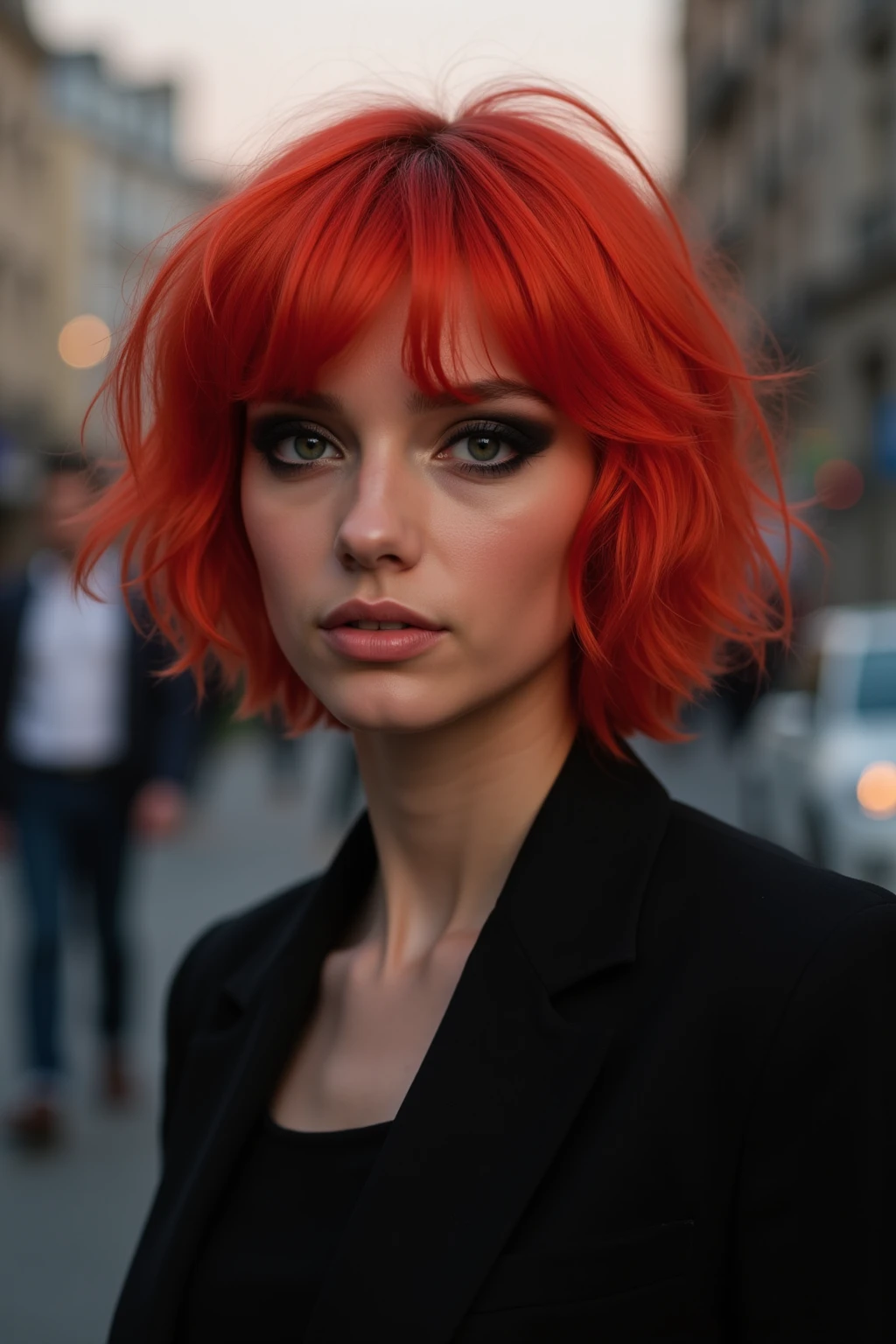 beautiful girl, half body portrait, short bright red disheveled hair, black eyeshadow, (street style wear:1.2), (city background:1.2), dark makeup, digital art, trending on artstation, highly detailed, fine detail, intricate, beautiful detailed glow, detailed, Cinematic light, highres, detailed facial features,sharp focus, smooth, aesthetic,