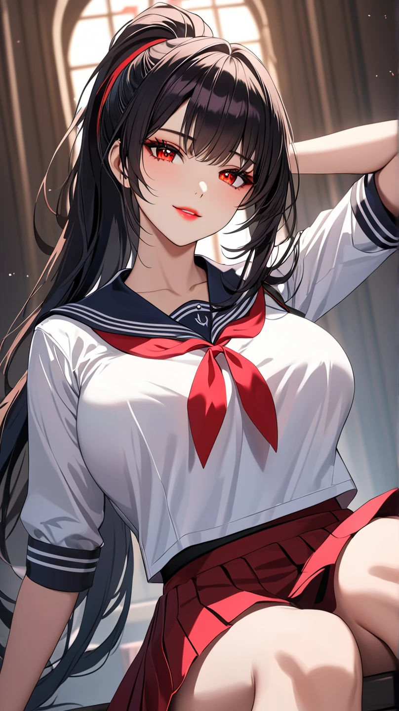 Highest quality　masterpiece　High resolution　masterpiece, black messy hair, high pony tail, thick and beautiful hair, middle parted hair 　red glowing Eyes, seductive lips, teasing smile, sailor uniform , big breast, beautiful make up, very beautiful , very beautiful look, , look from below,  skirt, hand behind the head, sit, enhanced face, enhanced eyes