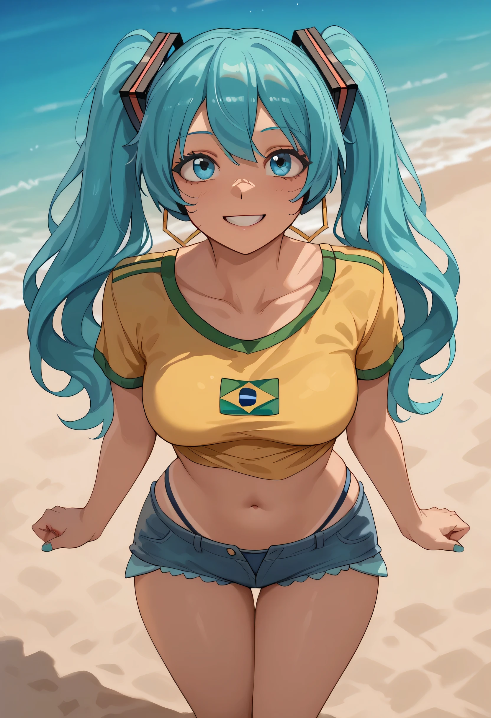 masterpiece, best quality, 1girl, hatsune miku, brazilian hatsune miku, tanned hatsune mike in anime style, suggestive face, hentai face, nude sime, beach background, light particle, solo, navy blue hair with double ponytails, navy blue eyes, standing, pixiv, best lighting, looking up, short jeans, short yellow blouse, smile