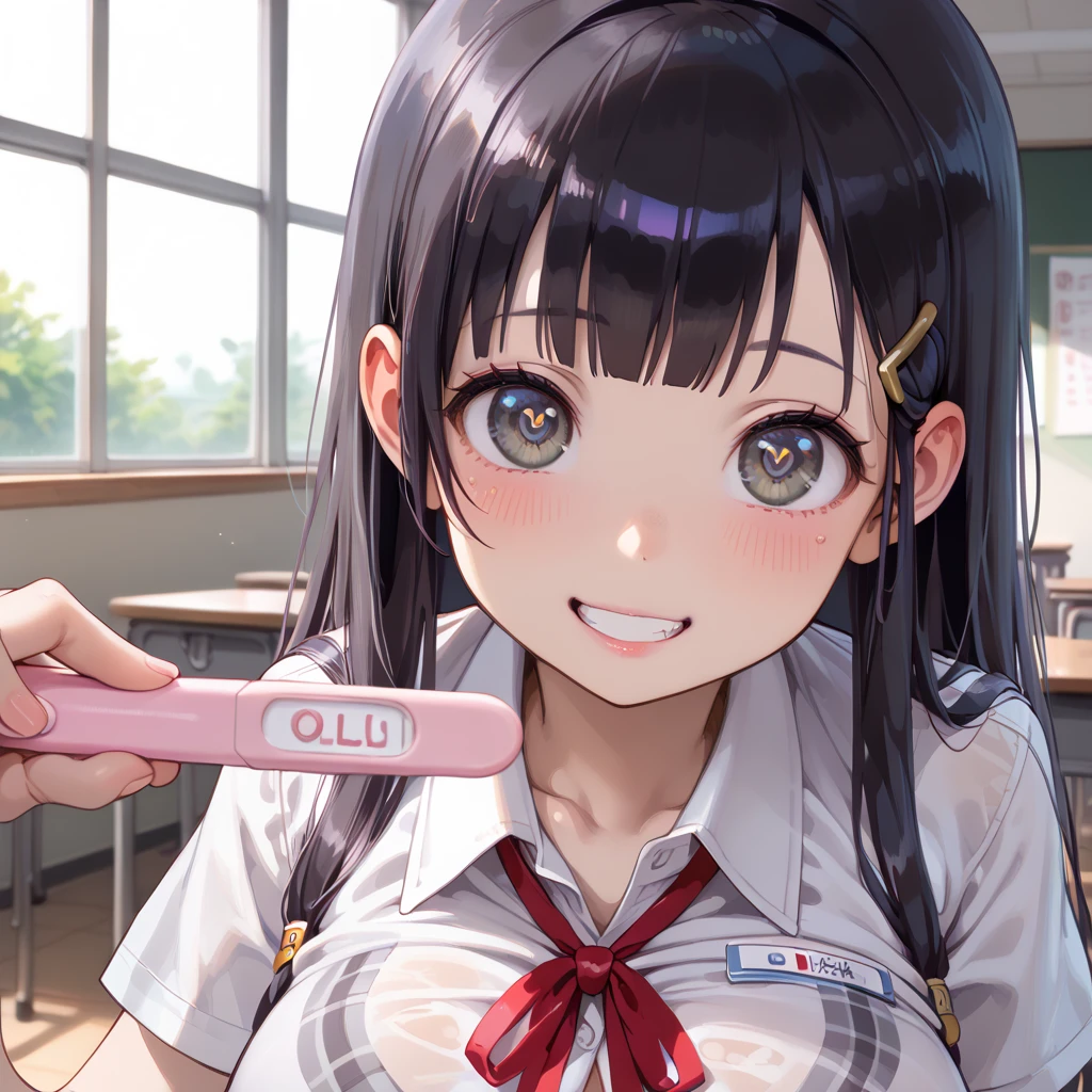 (masterpiece, best quality),
1girl,pregnancy test, close-up face,
implied pregnancy,

BREAK girl, , (****:1.5), black hair, (medium long hair:1.2), (hair between eyes:0.5), (straight hair:1.3), grey eyes, ultra detailed eyes, (huge breasts:1.2), hanging breasts, (tareme:1.3),
smile, blush, grin,open mouth, confused, bright pupils,

BREAK (school uniform), (white collared shirt, plain pattern shirt, short sleeves, shirt tucked in:1), (red plain pattern neck ribbon, narrow neck ribbon:1.1), (unbuttoned, button gap:1.2),
BREAK (black and grey plaid pattern skirt:1), (pleated skirt, miniskirt:1.2),
BREAK classroom