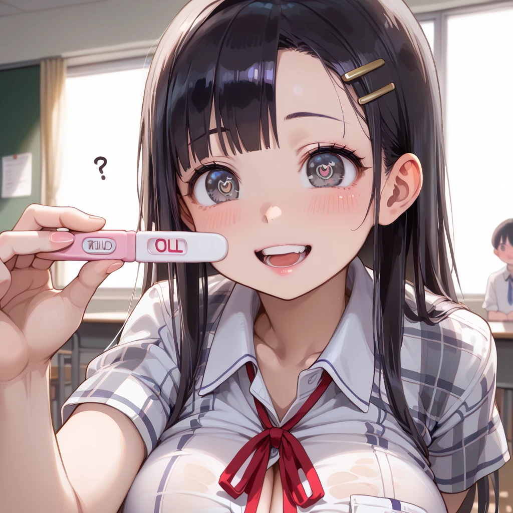 (masterpiece, best quality),
1girl,pregnancy test, close-up face,
implied pregnancy,

BREAK girl, , (loli:1.5), black hair, (medium long hair:1.2), (hair between eyes:0.5), (straight hair:1.3), grey eyes, ultra detailed eyes, (huge breasts:1.2), hanging breasts, (tareme:1.3),
smile, blush, grin,open mouth, confused, bright pupils,

BREAK (school uniform), (white collared shirt, plain pattern shirt, short sleeves, shirt tucked in:1), (red plain pattern neck ribbon, narrow neck ribbon:1.1), (unbuttoned, button gap:1.2),
BREAK (black and grey plaid pattern skirt:1), (pleated skirt, miniskirt:1.2),
BREAK classroom