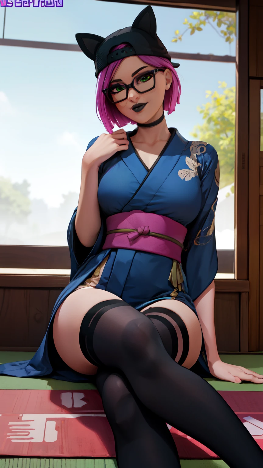 (masterpiece, Highest quality, Highest quality, Official Art, beautifully、aesthetic:1.2),One girl, tattoo, alone, kimono, hair ornaments, Pink Hair, 背中一面 tattoo, 綺麗なflowerのtattoo, Violet Eyes, Off the shoulder, Bare shoulders, Recall, From behind, flower, View your viewers, Holding, compensate, indoor, Pink cat ears, Plump Ass