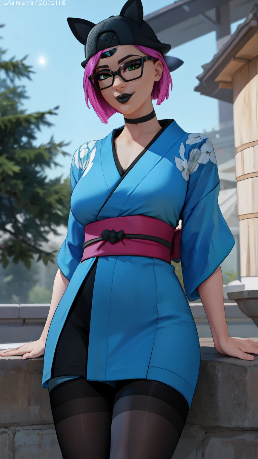 (8k, best quality, masterpiece:1.2), (finely detailed),kurumu, 1girl, solo,cowboy shot, blue hair, short hair,purple eyes, looking at viewer, small breasts,japanese forest, shrine, (pink kimono), cleavage,side slit, ponytail,outdoors, walking, light smile