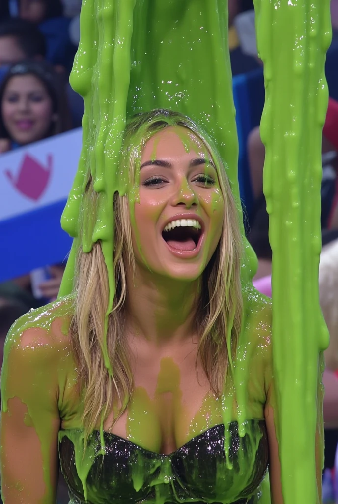 (2 women crying: 1.9), 8k, hd, masterpiece, hyper realistic, super detailed, extreme realism, photo realistic, (2 models: 1.9), freckles, school uniform, white shirt and skirt, (inside game show set: 1.9), game show studio, cleavage, beautiful face, delicate eyes, detailed faces, (wet slime dripping down both women: 1.2), crying