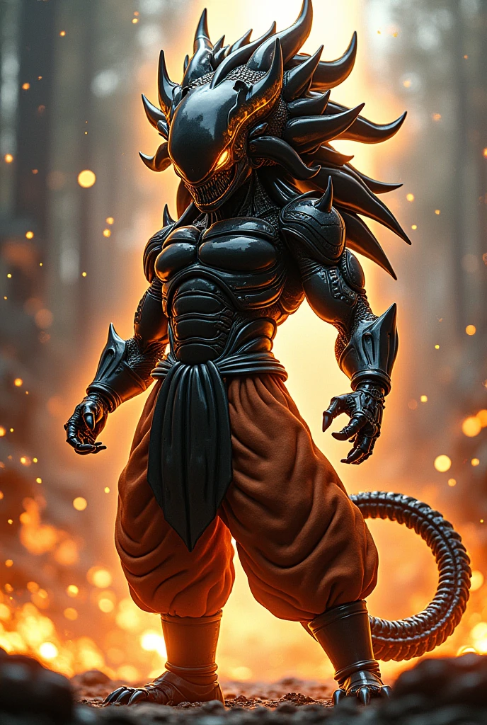 ((masterpiece)) ((photography)) ((Highest quality)) A stunning fusion between Goku from Dragon Ball Z and a Xenomorph, combining Goku’s iconic Super Saiyan energy with the biomechanical terror of a Xenomorph. His body features a sleek black carapace with glowing golden highlights, and his spiky Super Saiyan hair seamlessly merges into sharp, alien-like ridges. His eyes glow fiercely, and his ki aura surrounds him, radiating a menacing yet powerful light. He stands in an intense battle pose, his tail extended and sharp claws ready to strike.  

Background: An apocalyptic battlefield glowing with swirling energy storms.