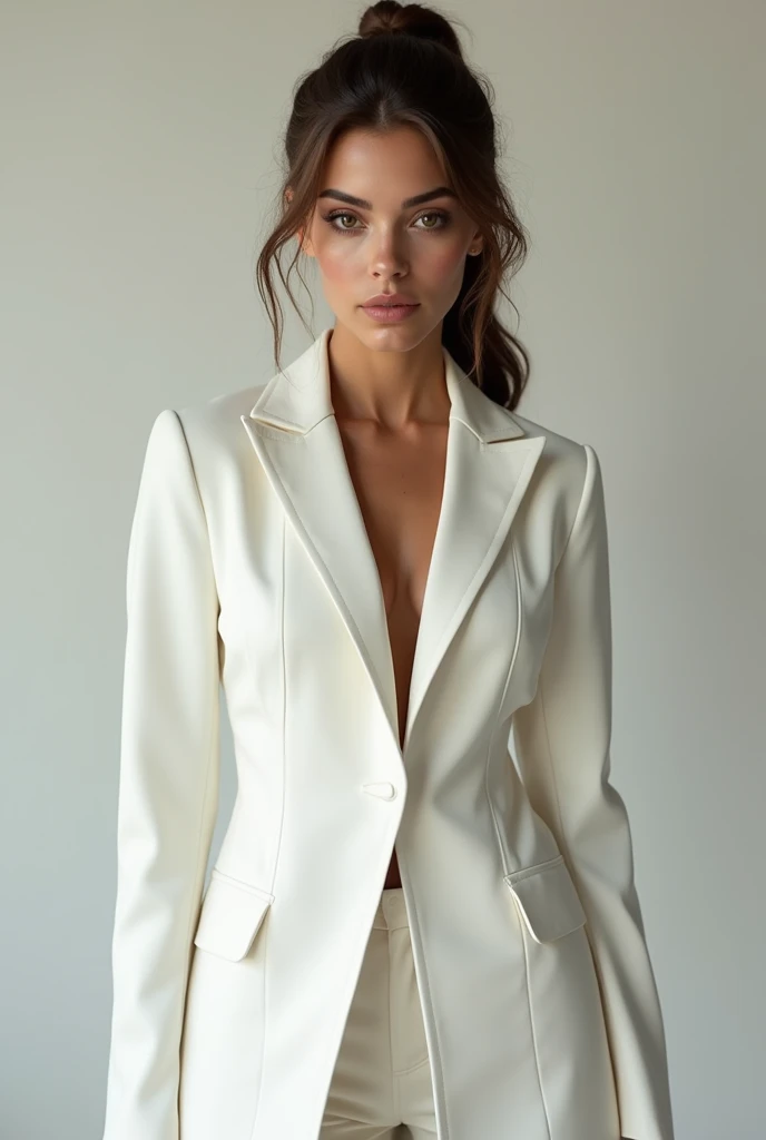 a 20Years girl with striking features. She has fair skin with visible freckles, light blue eyes, and full lips. Her hair is straight and loose brown, her facial expression is serene and confident and the soft lighting highlights her features. wearing a white blazer over a sheer blouse. She pairs the look with a pair of cropped jeans and a clutch bag. The room in the background appears to be a modern, well-lit space, with decor elements that include plants and art on the walls. Her expression is confident and elegant.