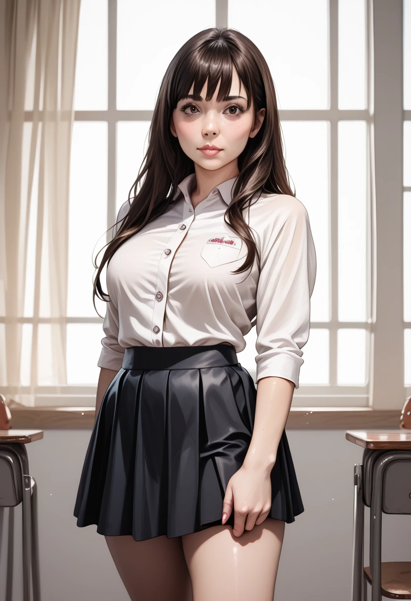  Best Quality ,  ultra high resolution, ( photorealistic :1.4), 1 girl,  vintage comic,button down shirt,  Black skirt , school,  dark brown hair , breasts, ( long hair:1.2),  looking at the viewer, ( highly detailed face :1.1), thick thighs ,sentada sobre a mesa da school, 