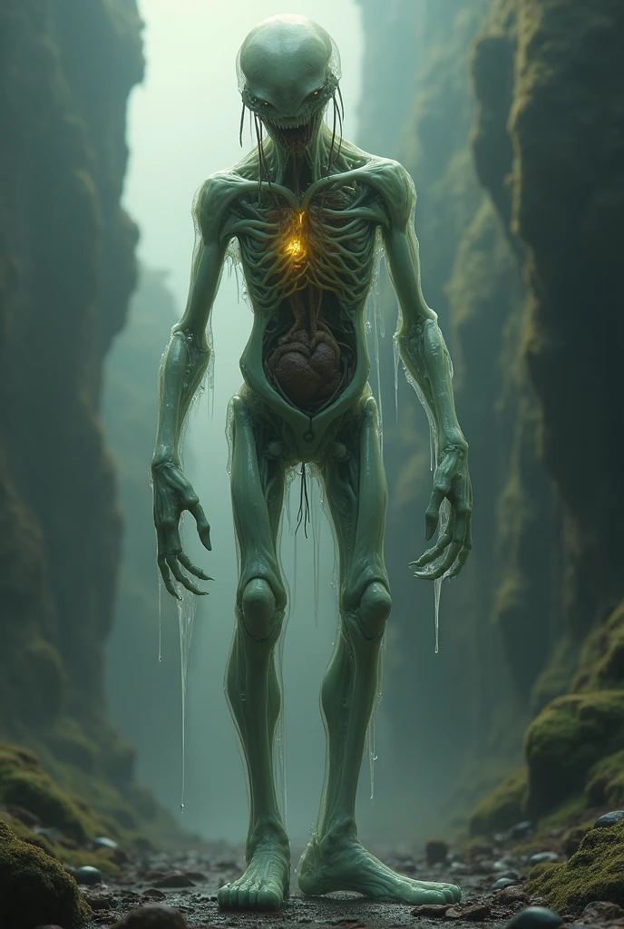 Looking up, (giant transparent alien creature), 3D game ,Inspired by《Alien》,HR Giger Giger,Mutant mutant,Mutation mutation,Aberration Distortion,toxic waste sites,Biological Labs ,Dense fog fog,Overgrown Vegetation过度生长的植被/Eerie Silence Eerie silence,tumor,slime,ScaleReflective, high detail, surreal, 3D rendering, explosive coverage, bokeh, Dense fog, fog, from below, upside down, chiaroscuro, UHD, masterpiece, super detail, high details, high quality, award winning, best quality, highlights, 16k