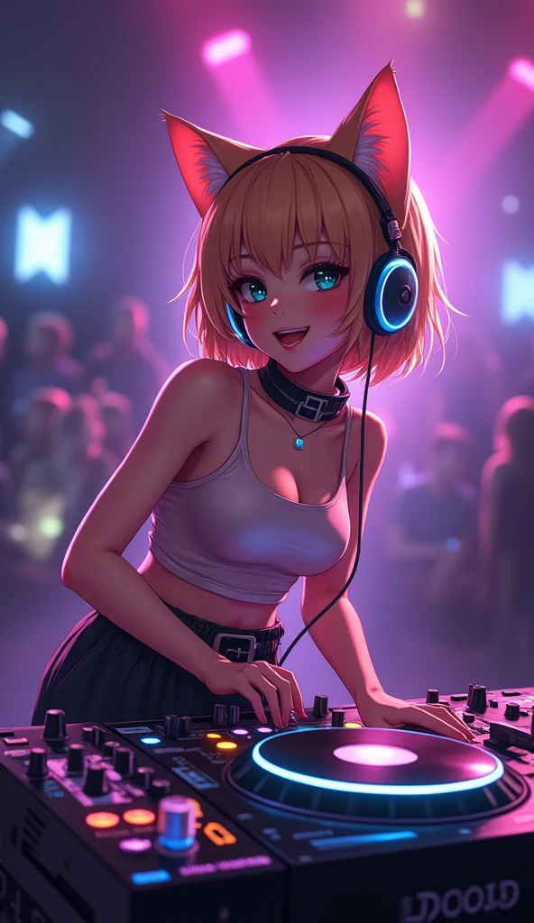A conceptual 3D render of an 3d anime-style blonde girl DJ-ing at a bustling nightclub. She is wearing large headphones and is exuding confidence and energy. Her blue eyes sparkle beneath her pink bangs. She is dressed in a stylish, futuristic outfit with neon accents, and her headphones glow with a vibrant blue light. The club's background is a dazzling array of lights, lasers, and holographic visuals, creating a lively and immersive atmosphere. 3d scene, soft skin, ambient light